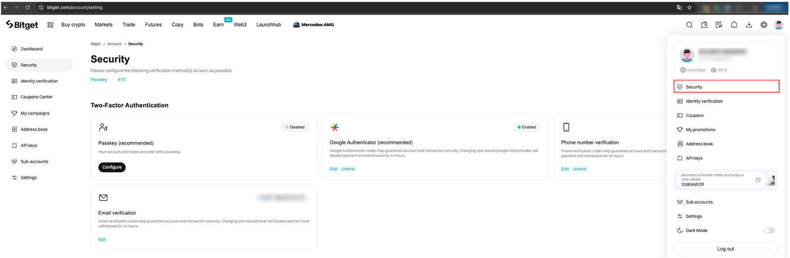 Bitget 2-Factor Authentication screen showing options for secure login using Passkey, SMS code, or Google Authenticator.