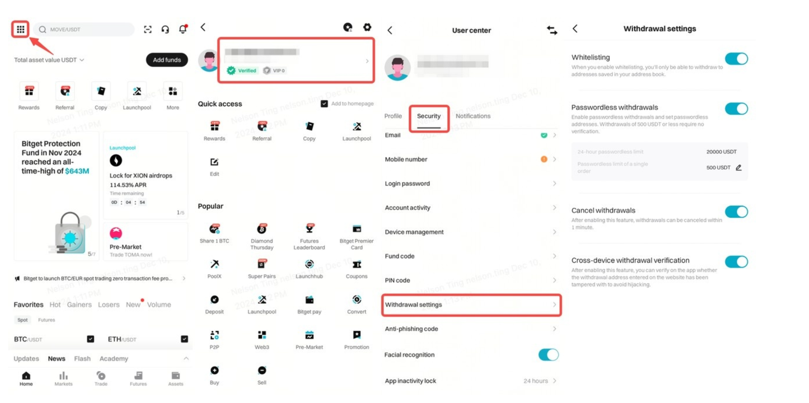 Bitget withdrawal settings page, showcasing the option to enable and configure withdrawal address whitelisting for enhanced security.
