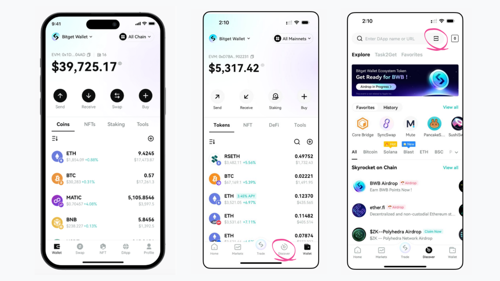 Image showing the interface of the Bitget Wallet mobile app on Android and iOS devices.